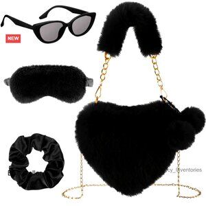 Faux Fur Heart Shaped Crossbody Bag with Plush Eye Mask and Sunglasses